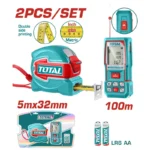 medidor de distancia 100 metros con flexómetro 5 m x 32 mm Total TOS250902 para medición en obra