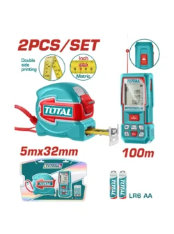 medidor de distancia 100 metros con flexómetro 5 m x 32 mm Total TOS250902 para medición en obra