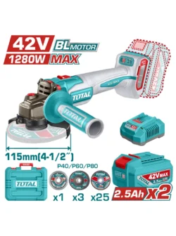 pulidora inalámbrica 42V Total UTAGLI4128112 con 2 baterías 2.5Ah y cargador para corte y desbaste