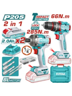 taladro inalámbrico percutor 1/2 pulgadas con destornillador 2 baterías y cargador Total UTCKLI20277