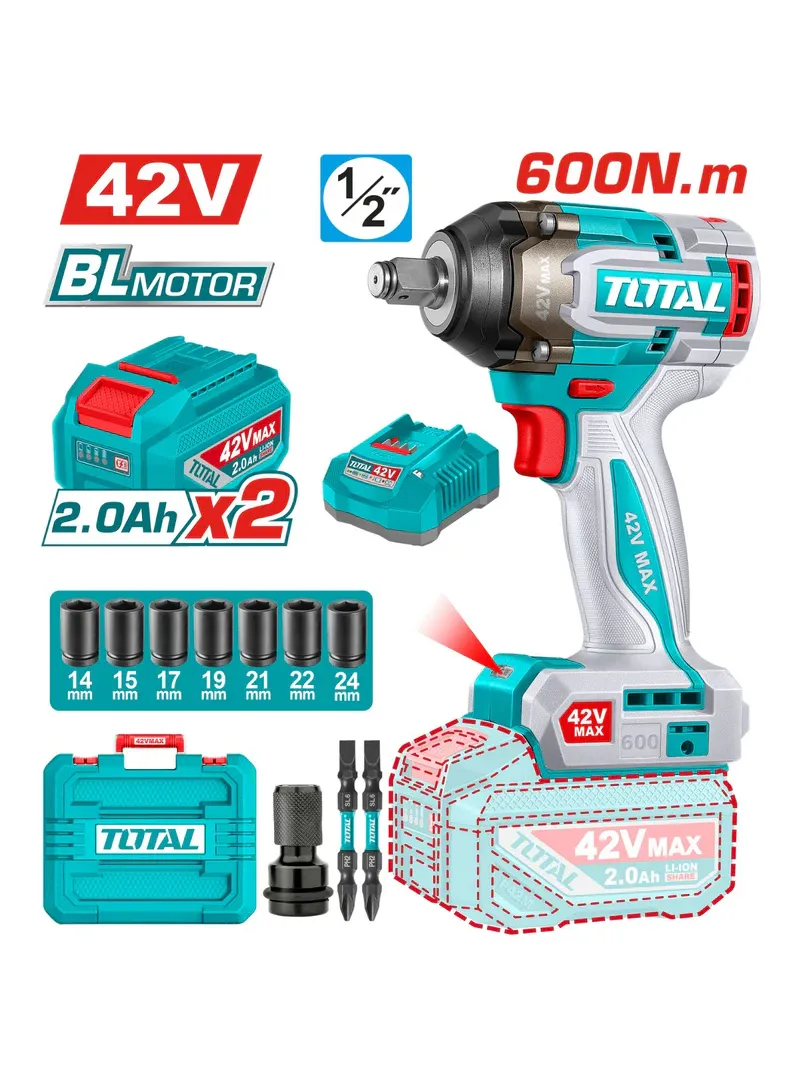 Llave de impacto inalámbrica 42V 1/2" con 1 batería 2Ah y 3 copas 600 N/m Total UTIWLI42602 llave de impacto inalámbrica 42V 1/2 pulgadas Total UTIWLI42602 con 1 batería 2Ah y 3 copas 600 N/m