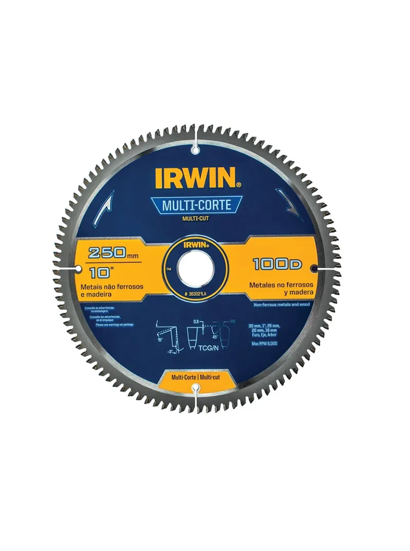 Sierra circular tungsteno 10" x 100 dientes IRWIN 363021LA disco de sierra circular 10 pulgadas 100 dientes tungsteno IRWIN 363021LA para cortes finos