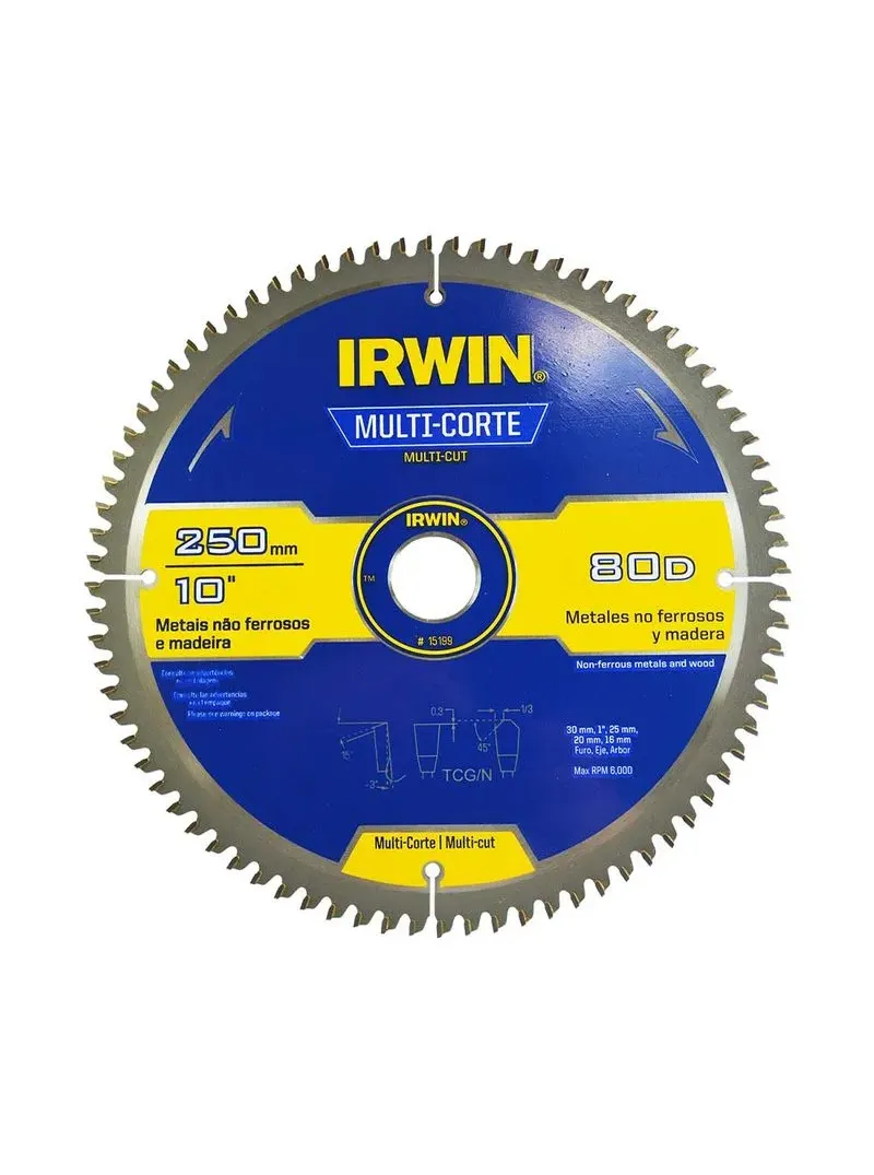 Sierra circular tungsteno para aluminio 10" x 80 dientes IRWIN 15199 disco de sierra circular 10 pulgadas 80 dientes tungsteno IRWIN 15199 para corte de aluminio