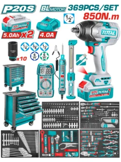 carro de herramientas 7 gavetas TOTAL UTHPTCS83692 con llave de impacto inalámbrica 1/2 y 369 piezas para mecánica profesional
