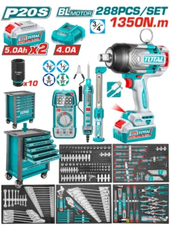 carro de herramientas 7 gavetas TOTAL UTHPTCS82882 con llave de impacto inalámbrica 3/4 y 288 piezas para taller mecánico profesional
