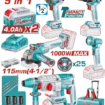 combo herramientas inalámbricas 5 en 1 TOTAL UTCKLI20592 con llave de impacto taladro rotomartillo pulidora y linterna