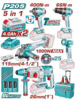 combo herramientas inalámbricas 5 en 1 TOTAL UTCKLI20592 con llave de impacto taladro rotomartillo pulidora y linterna