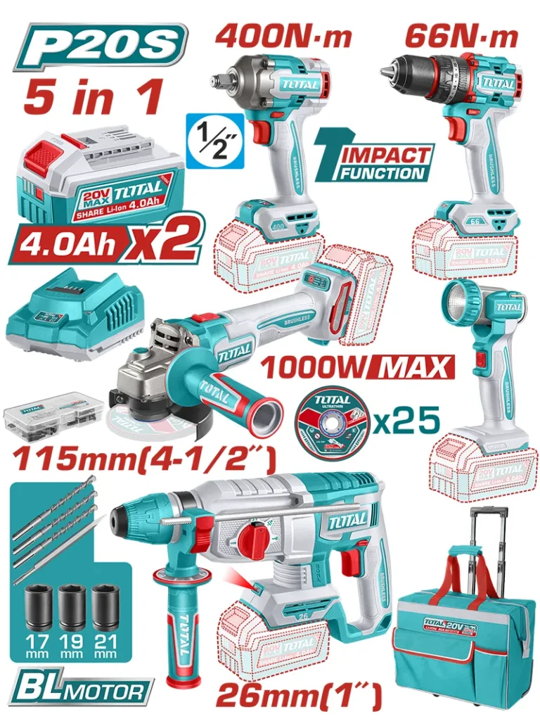 combo herramientas inalámbricas 5 en 1 TOTAL UTCKLI20592 con llave de impacto taladro rotomartillo pulidora y linterna