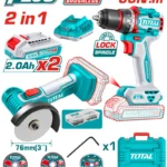 combo pulidora inalámbrica 3 pulgadas y taladro 1/2 TOTAL UTCKLI20766 con 2 baterías 2Ah cargador y discos para trabajo profesional