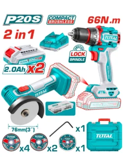 combo pulidora inalámbrica 3 pulgadas y taladro 1/2 TOTAL UTCKLI20766 con 2 baterías 2Ah cargador y discos para trabajo profesional