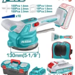 combo vibradora inalámbrica TOTAL UTTVLI20018 con caja plástica batería 2Ah cargador y rodilleras para construcción