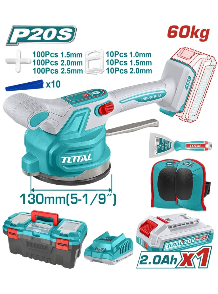 combo vibradora inalámbrica TOTAL UTTVLI20018 con caja plástica batería 2Ah cargador y rodilleras para construcción