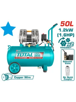 compresor 50 litros horizontal TOTAL UTCS1120508 libre de aceite 1.6 HP 3400 RPM para pintura y herramientas neumáticas