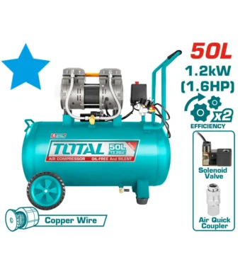 compresor 50 litros horizontal TOTAL UTCS1120508 libre de aceite 1.6 HP 3400 RPM para pintura y herramientas neumáticas
