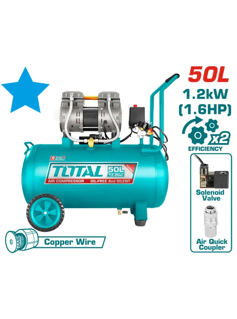 compresor 50 litros horizontal TOTAL UTCS1120508 libre de aceite 1.6 HP 3400 RPM para pintura y herramientas neumáticas