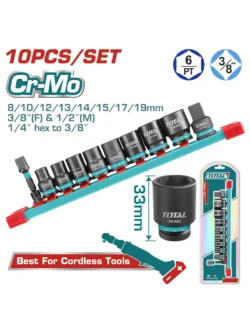 juego de llaves copa de impacto corta 3/8 TOTAL THTISD38104 de 8 a 19 mm con 2 adaptadores