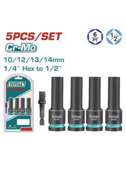 juego de llaves copa impacto larga 1/2 TOTAL THKISD12052L 5 piezas con adaptador para trabajos mecánicos