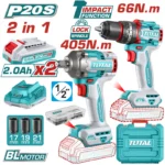 kit taladro inalámbrico 1/2 percutor y llave de impacto TOTAL UTCKLI20286 con 2 baterías 2Ah para construcción y mecánica