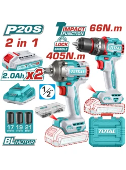 kit taladro inalámbrico 1/2 percutor y llave de impacto TOTAL UTCKLI20286 con 2 baterías 2Ah para construcción y mecánica