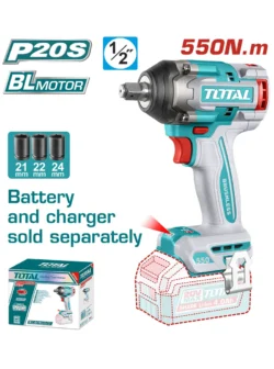 llave de impacto inalámbrica 1/2 550 Nm TOTAL TIWLI20551 con 3 copas para trabajos mecánicos