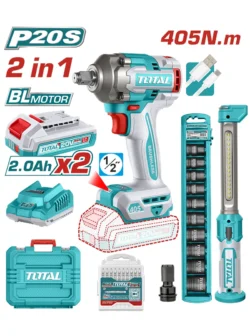 llave de impacto inalámbrica 1/2 TOTAL UTOSLI23056 kit con 2 baterías cargador copas y lámpara para mecánica automotriz