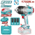 llave de impacto inalámbrica 3/4 TOTAL UTIWLI20175 con 2 baterías 8Ah cargador y copas para trabajos de alto torque
