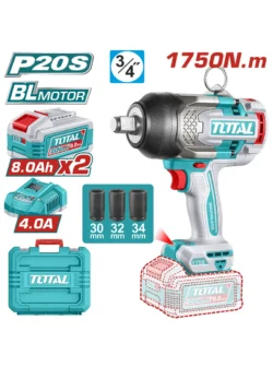 llave de impacto inalámbrica 3/4 TOTAL UTIWLI20175 con 2 baterías 8Ah cargador y copas para trabajos de alto torque