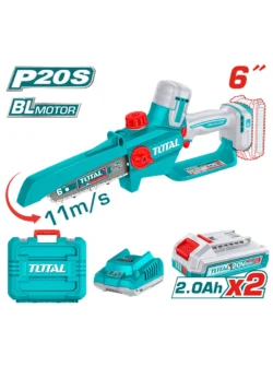 mini motosierra inalámbrica de cadena 6 pulgadas TOTAL UTGSLI20662 con baterías y cargador para poda y corte de madera