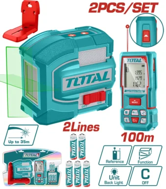 kit nivel láser 2 líneas 35 metros y medidor láser 100 metros TOTAL TOSLL0502 con caja dura para construcción y medición
