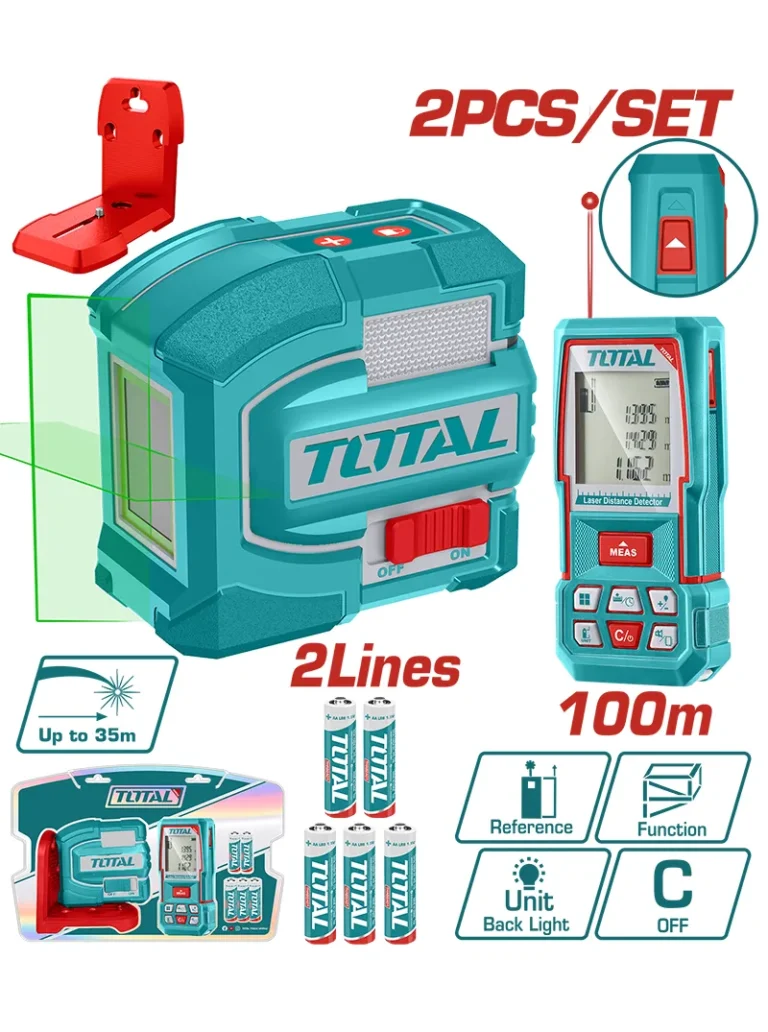 kit nivel láser 2 líneas 35 metros y medidor láser 100 metros TOTAL TOSLL0502 con caja dura para construcción y medición