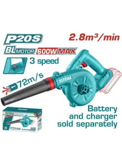 soplador inalámbrico 600W TOTAL TABLI2068 con 3 velocidades para limpieza de hojas polvo y residuos