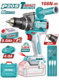 taladro inalámbrico percutor 1/2 166 Nm TOTAL UTIDLI201668 con 2 baterías 5Ah y brocas espada para perforación profesional