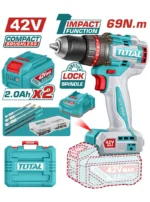 taladro inalámbrico percutor 42V TOTAL UTIDLI426982 con 2 baterías 2Ah y 47 accesorios para perforar y atornillar