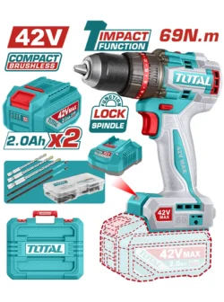 taladro inalámbrico percutor 42V TOTAL UTIDLI426982 con 2 baterías 2Ah y 47 accesorios para perforar y atornillar