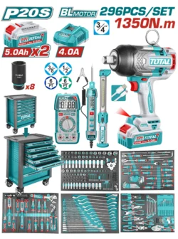 carro de herramientas TOTAL TOOLS UTHPTCS82962 con 296 piezas y llave de impacto inalambrica