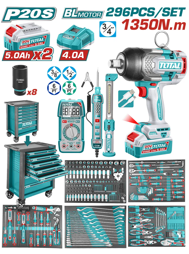 Carro de herramientas 7 gavetas 296 piezas + llave de impacto UTHPTCS82962 TOTAL TOOLS carro de herramientas TOTAL TOOLS UTHPTCS82962 con 296 piezas y llave de impacto inalambrica
