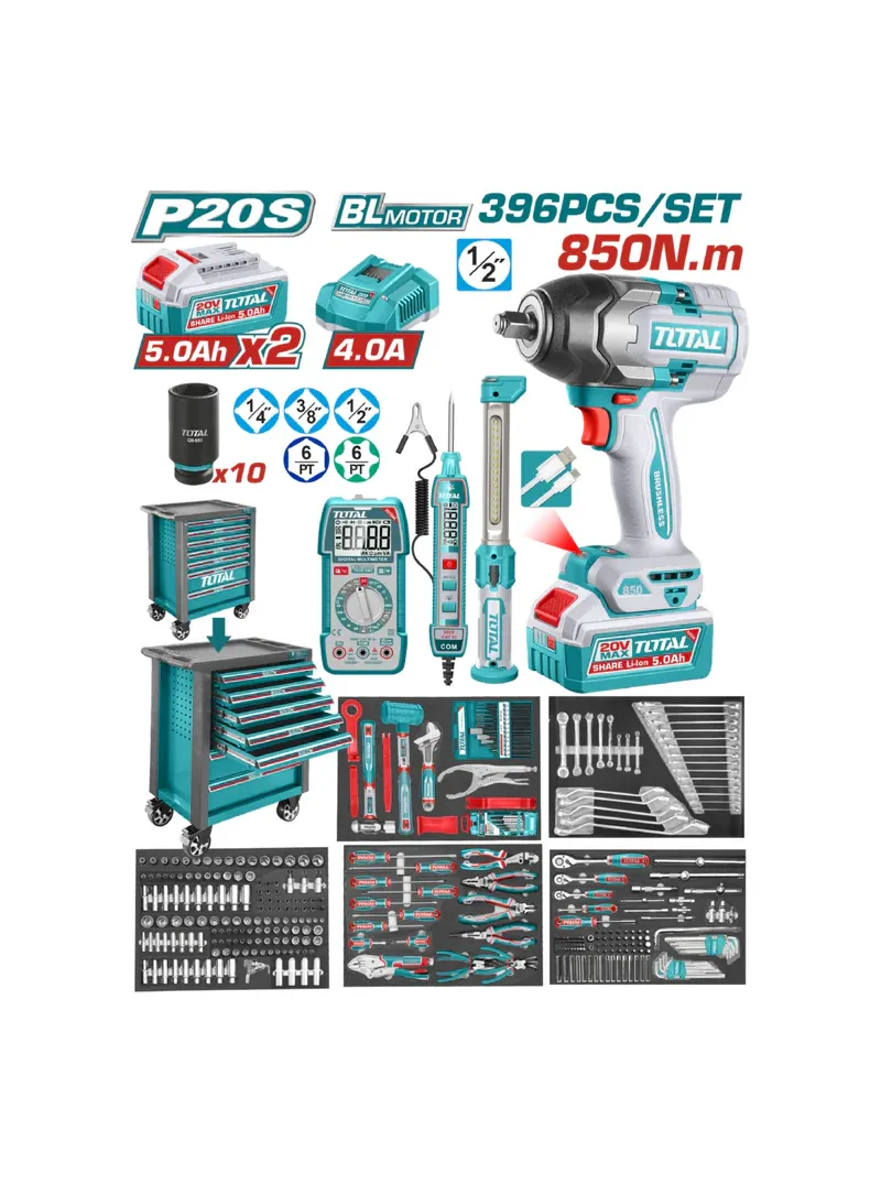 Carro de herramientas 7 gavetas + llave de impacto inalámbrica 1/2" + 396 piezas TOTAL UTHPTCS83962 carro de herramientas TOTAL UTHPTCS83962 con 7 gavetas llave de impacto inalámbrica 1/2 y juego de 396 piezas