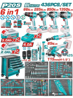 carro de herramientas TOTAL UTHPTCS84362 con herramientas manuales e inalámbricas de 436 piezas para taller profesional