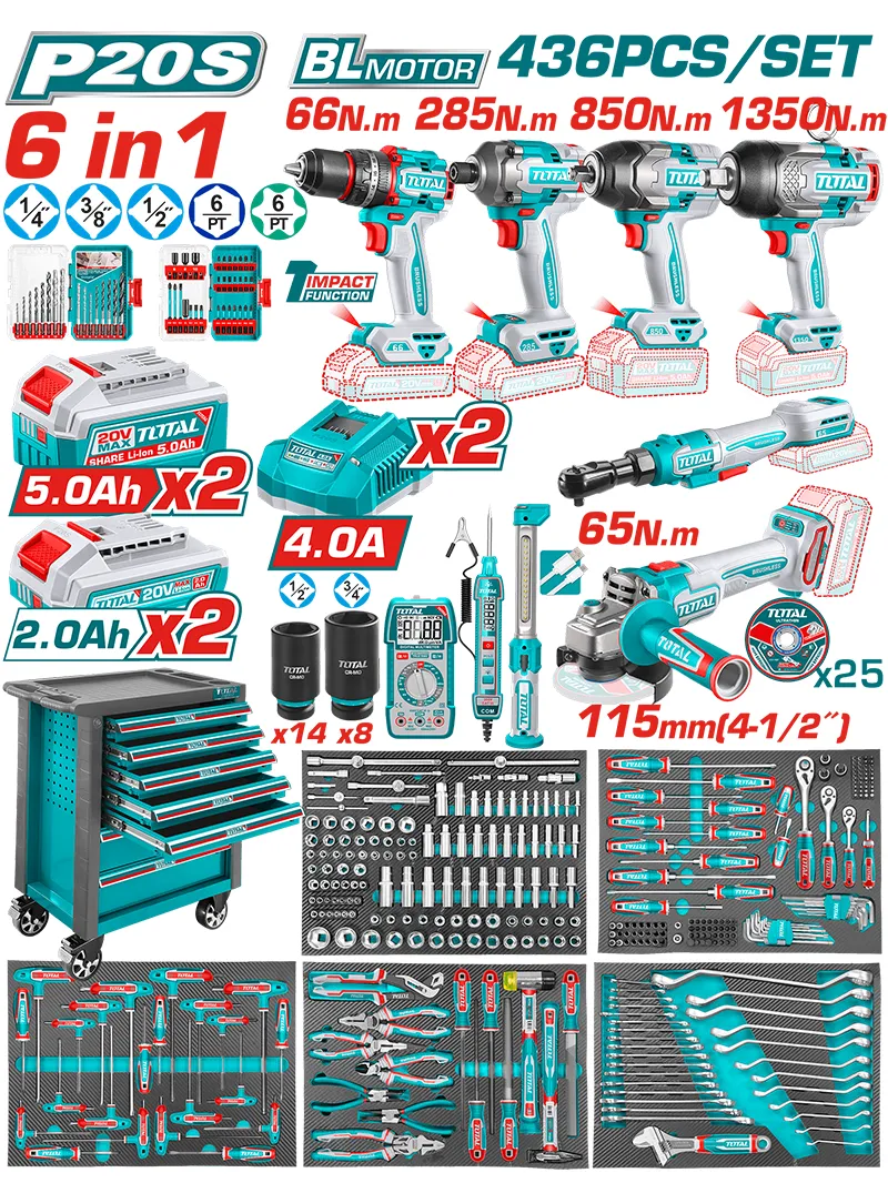 Carro de herramientas manuales e inalámbricas 436 piezas TOTAL UTHPTCS84362 carro de herramientas TOTAL UTHPTCS84362 con herramientas manuales e inalámbricas de 436 piezas para taller profesional