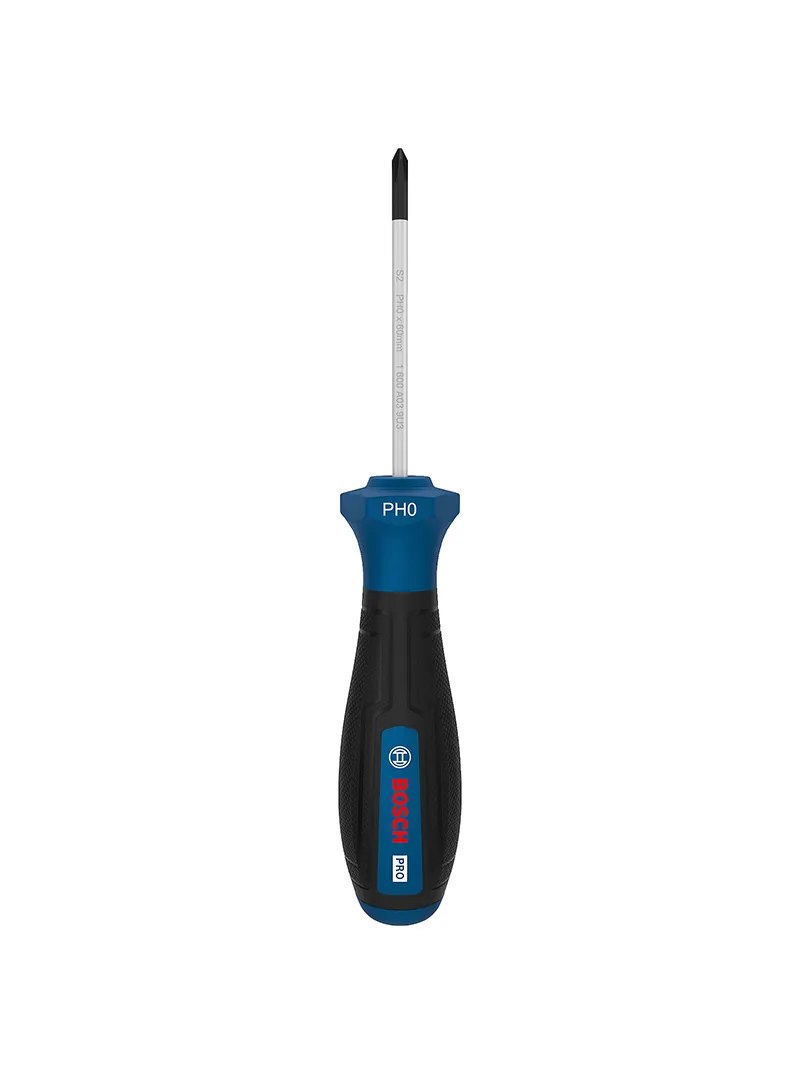 Destornillador estrella PH0 x 60 mm Bosch Destornillador estrella Bosch PH0 con varilla de 60 mm para ajuste y desajuste de tornillos Phillips de precisión.