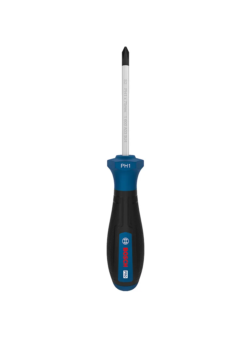 Destornillador estrella PH1 x 75 mm Bosch Destornillador estrella Bosch PH1 con varilla de 75 mm para ajuste y desajuste de tornillos Phillips.
