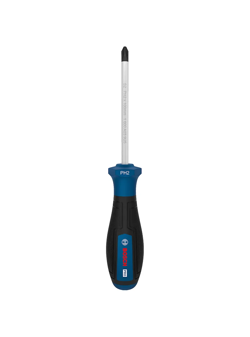 Destornillador estrella PH2 x 100 mm Bosch Destornillador estrella Bosch PH2 con varilla de 100 mm para ajuste y desajuste de tornillos Phillips.