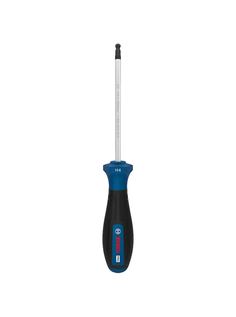 Destornillador punta Bristol H4 x 100 mm Bosch Destornillador Bosch con punta Bristol H4 y varilla de 100 mm para ajuste y desajuste de tornillos hexagonales internos.