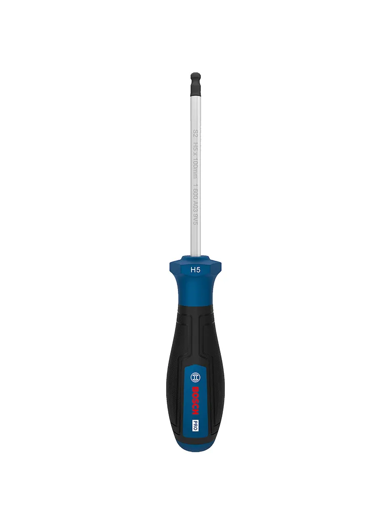 Destornillador punta Bristol H5 x 100 mm Bosch Destornillador Bosch con punta Bristol H5 y varilla de 100 mm para ajuste y desajuste de tornillos hexagonales internos.