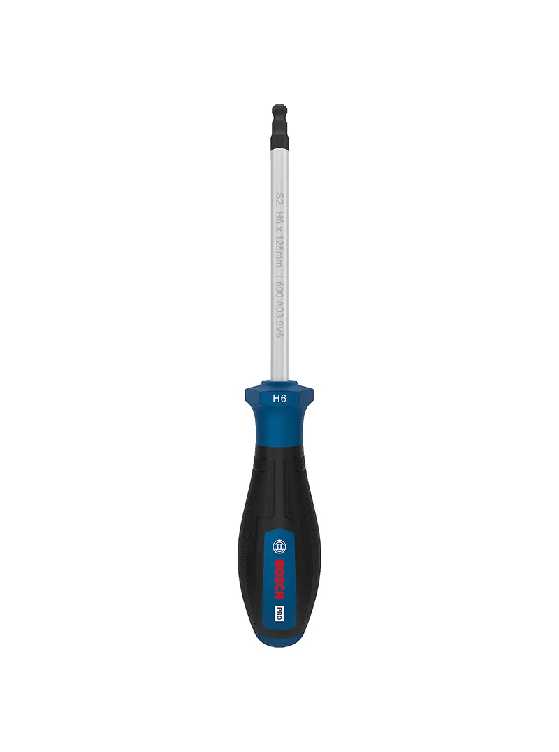 Destornillador punta Bristol H6 x 125 mm Bosch Destornillador Bosch con punta Bristol H6 y varilla de 125 mm para ajuste y desajuste de tornillos hexagonales internos.