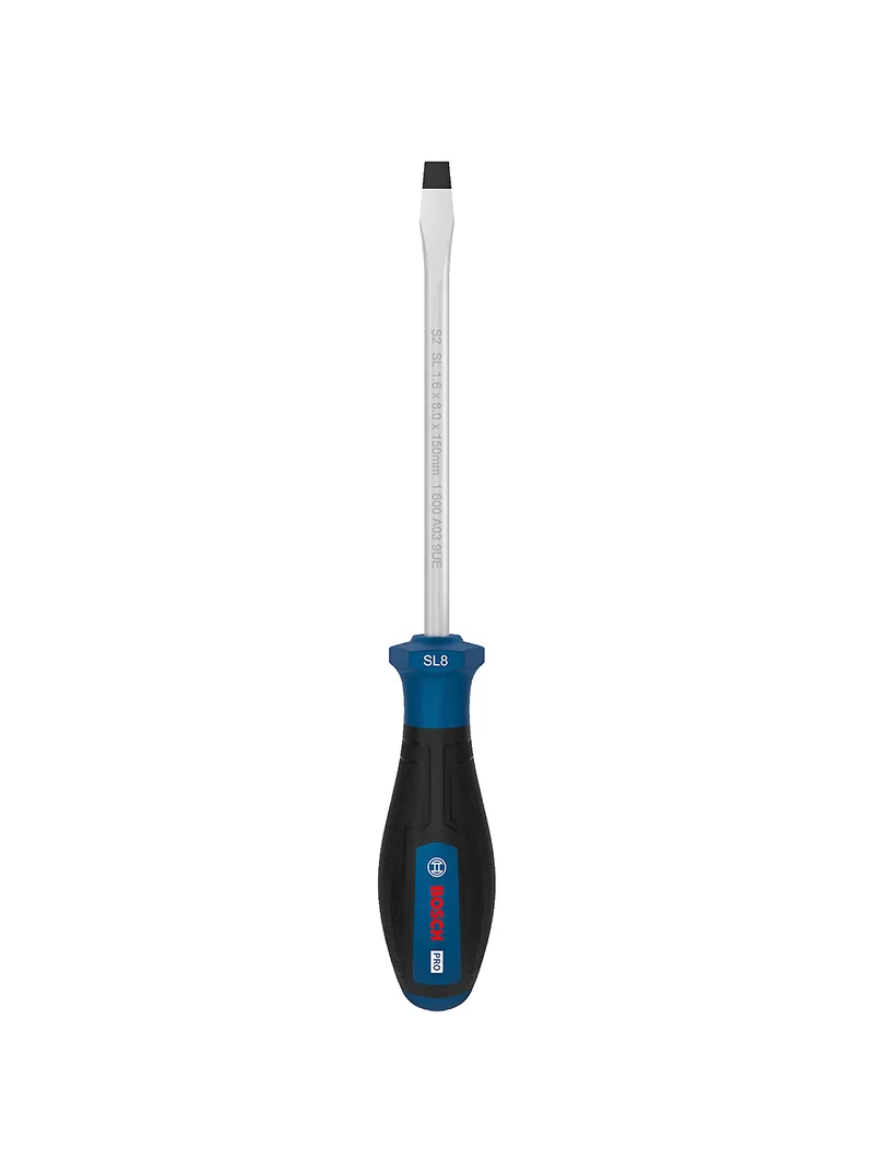 Destornillador punta plana SL 1.6 x 8 x 150 mm Bosch Destornillador Bosch con punta plana SL 1.6 x 8 mm y varilla de 150 mm para ajuste y desajuste de tornillos ranurados.