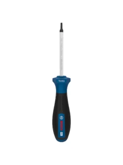 Destornillador Bosch con punta Torx de seguridad TH10 y varilla de 75 mm para ajuste y desajuste de tornillos Torx con pin central.