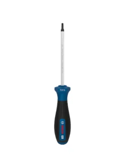 Destornillador Bosch con punta Torx de seguridad TH15 y varilla de 100 mm para ajuste y desajuste de tornillos Torx con pin central.