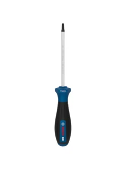 Destornillador Bosch con punta Torx de seguridad TH20 y varilla de 100 mm para ajuste y desajuste de tornillos Torx con pin central.