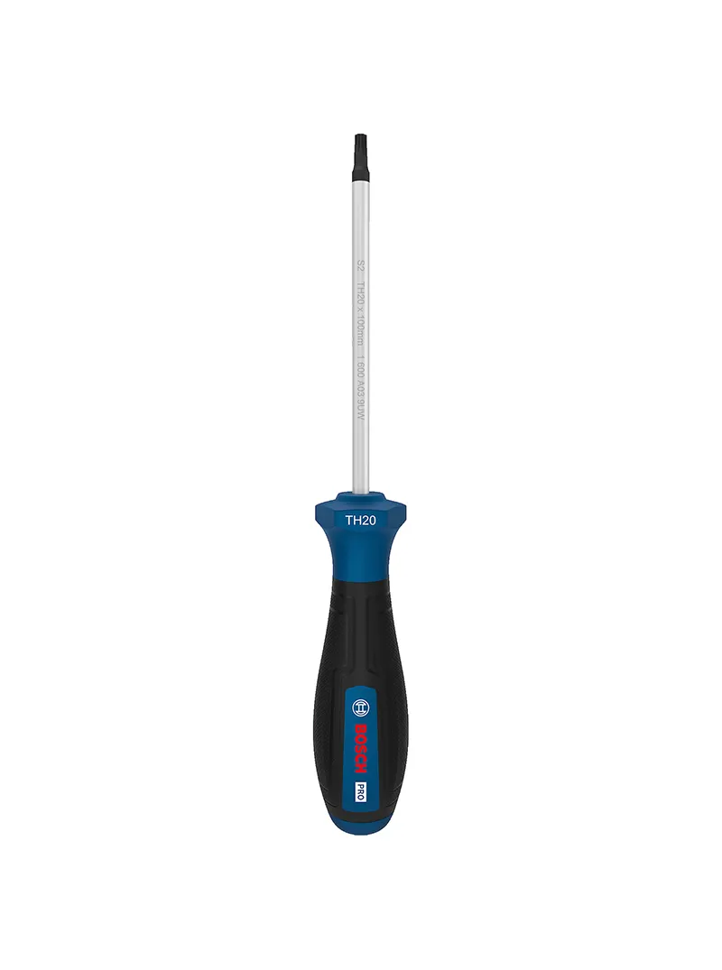 Destornillador punta Torx pin seguridad TH20 x 100 mm Bosch Destornillador Bosch con punta Torx de seguridad TH20 y varilla de 100 mm para ajuste y desajuste de tornillos Torx con pin central.
